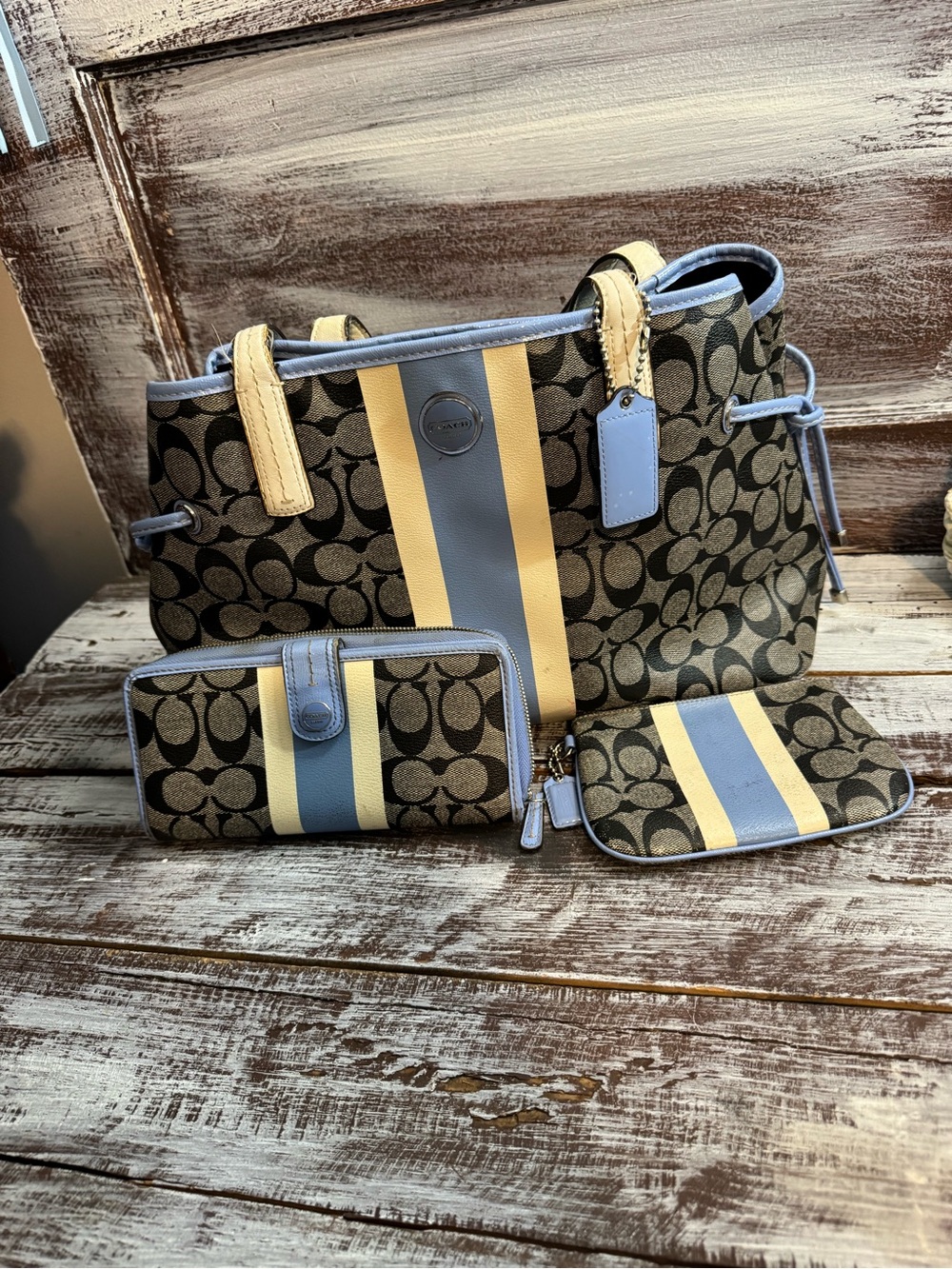 Coach Signature Tote with Blue and Cream Stripe with Wallet & Change Pouch